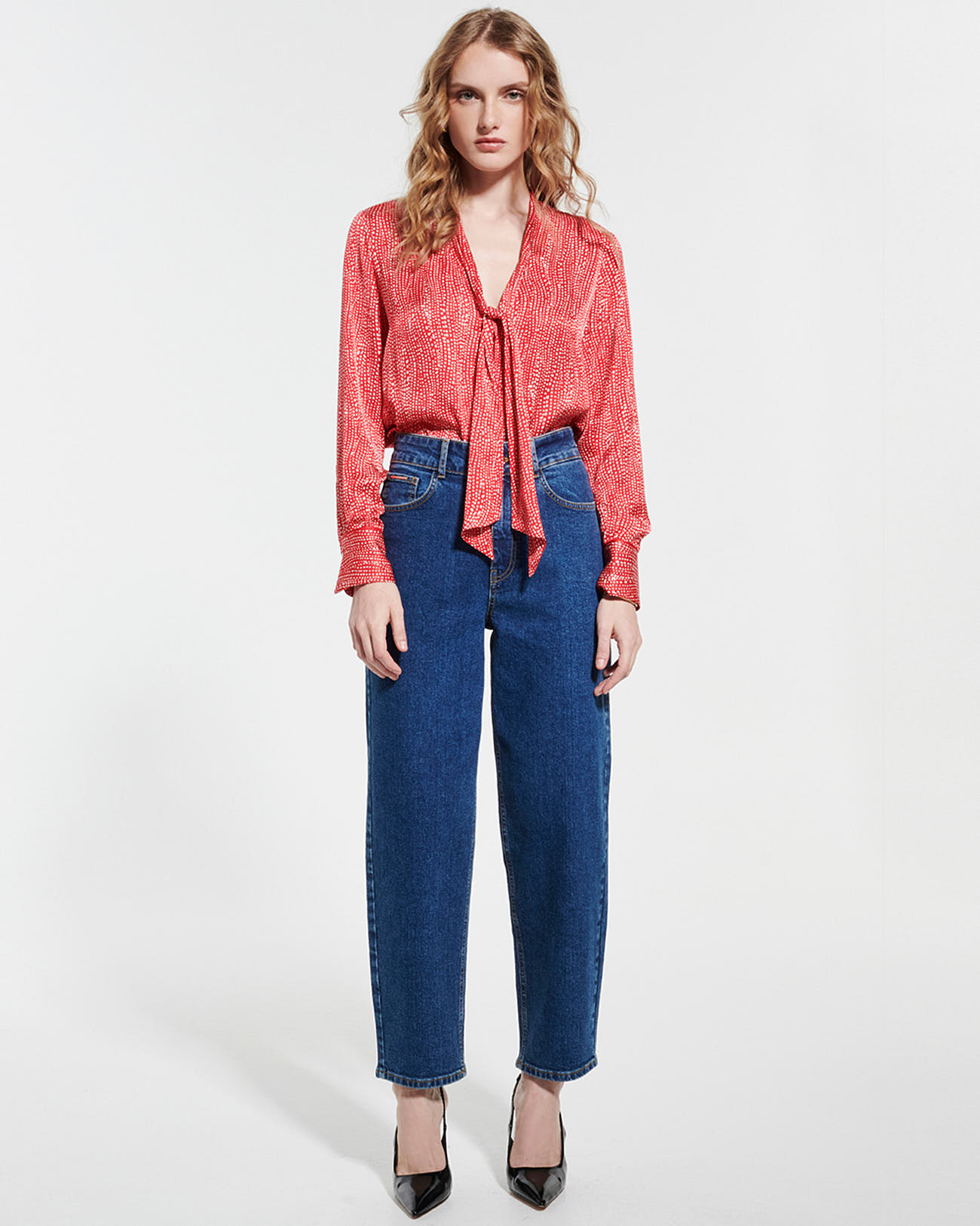 Chipy shirt Fluid satin blouse with red and white print ZAPA