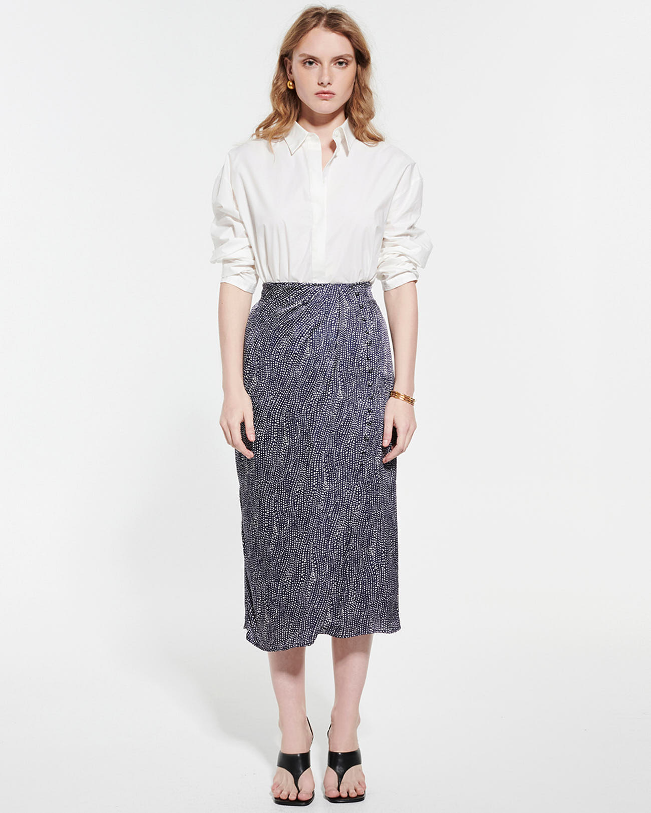 Joy skirt Navy and white printed satin midi skirt ZAPA
