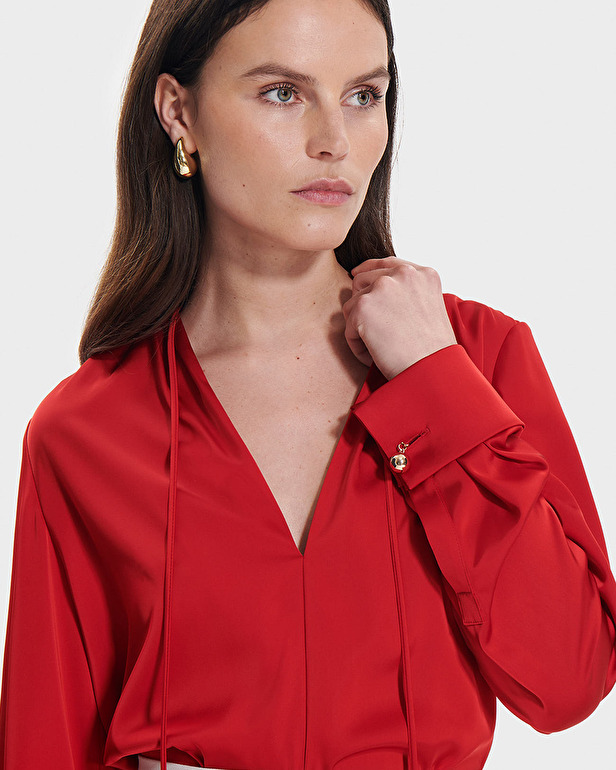 Hummingbird Blouse Red satin flowing blouse ZAPA