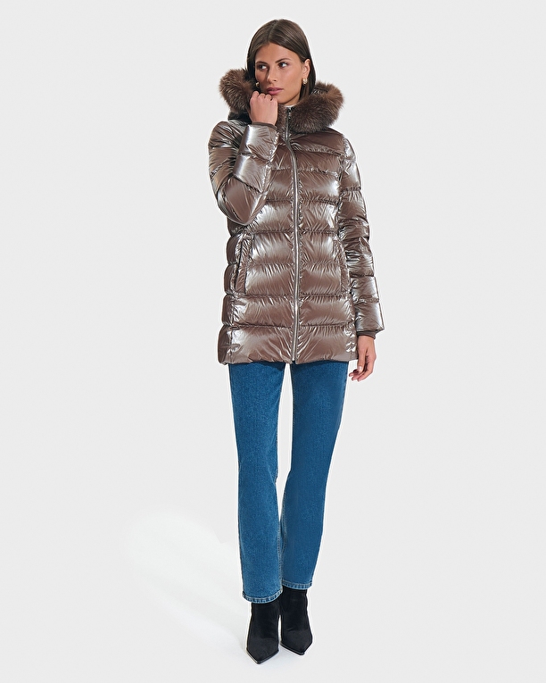 Dalya Down Jacket Taupe Mid-Length Down Jacket with Fur ZAPA