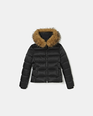 Puffer Jacket Dalyf Short Puffer Jacket Black Faux Fur ZAPA