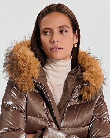 Puffer Jacket Dalyf Short Puffer Jacket Taupe Faux Fur ZAPA