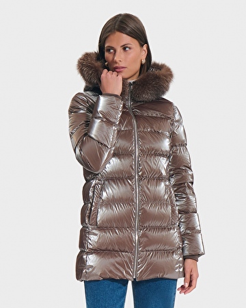 Dalya Down Jacket Taupe Mid-Length Down Jacket with Fur ZAPA