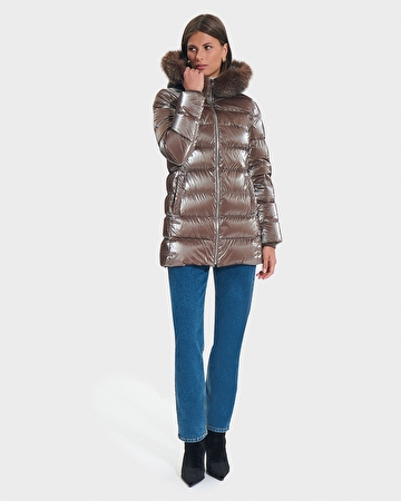Dalya Down Jacket Taupe Mid-Length Down Jacket with Fur ZAPA