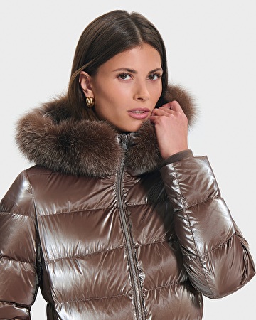 Dalya Down Jacket Taupe Mid-Length Down Jacket with Fur ZAPA