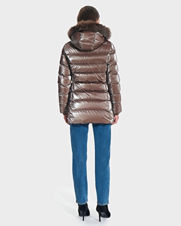 Dalya Down Jacket Taupe Mid-Length Down Jacket with Fur ZAPA