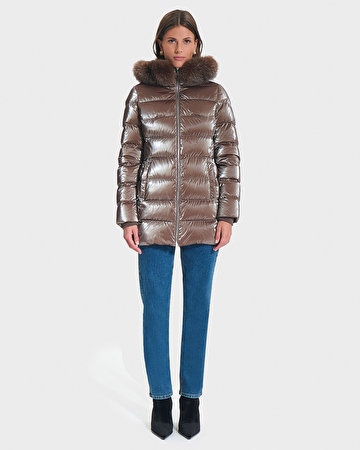 Dalya Down Jacket Taupe Mid-Length Down Jacket with Fur ZAPA