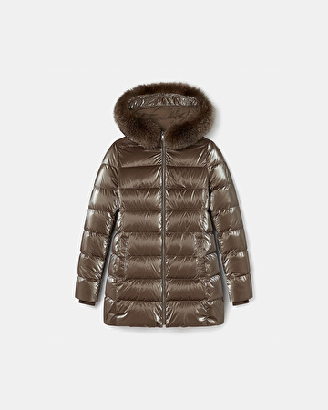 Dalya Down Jacket Taupe Mid-Length Down Jacket with Fur ZAPA