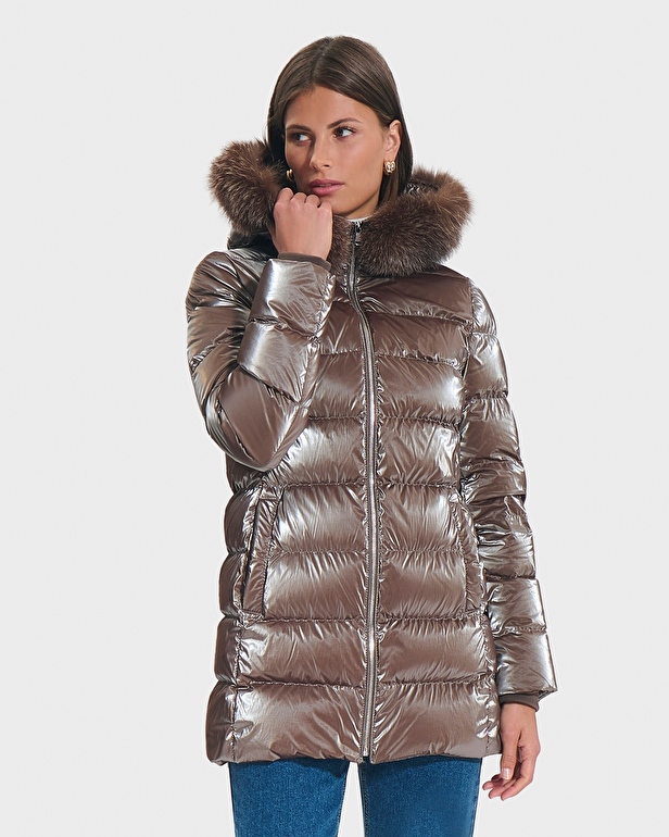 Dalya Down Jacket Taupe Mid-Length Down Jacket with Fur ZAPA