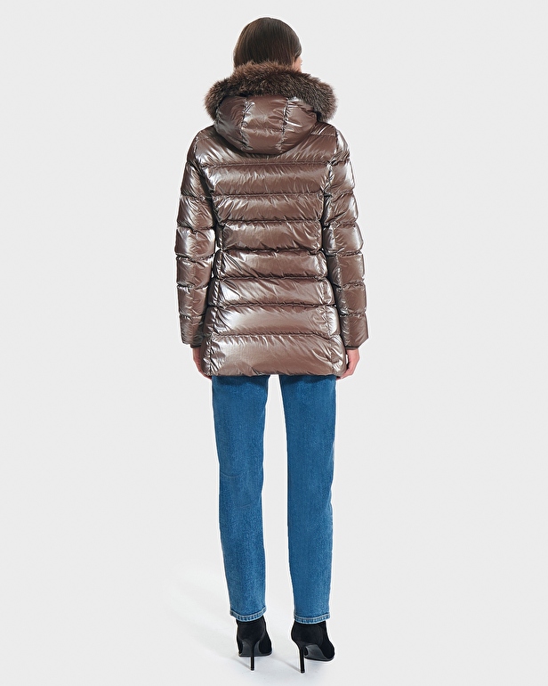 Dalya Down Jacket Taupe Mid-Length Down Jacket with Fur ZAPA