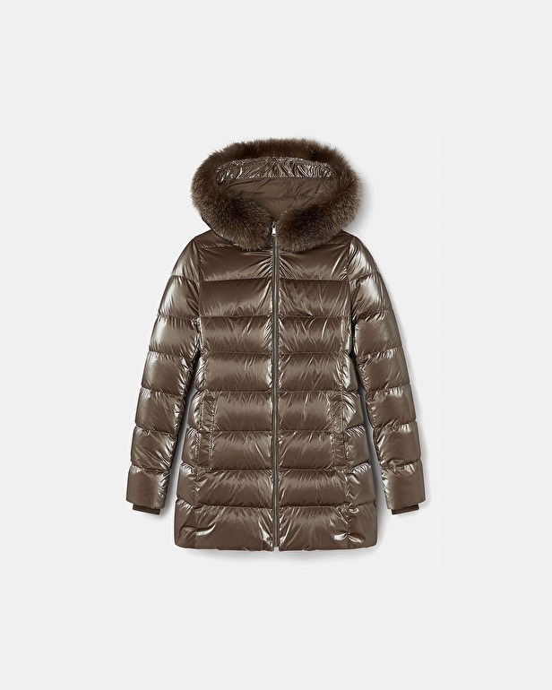 Dalya Down Jacket Taupe Mid-Length Down Jacket with Fur ZAPA