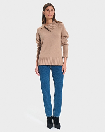 Nuala sweater Camel asymmetrical collar sweater ZAPA