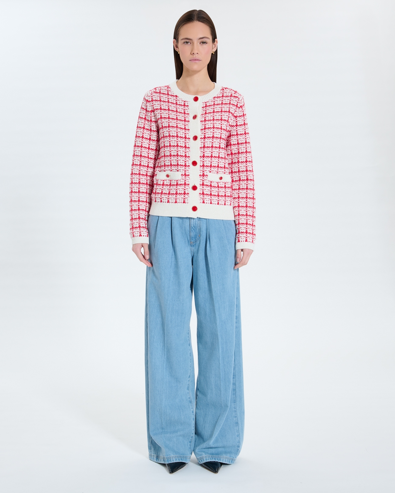 Gates Cardigan Ecru red two-tone tweed-style vest ZAPA