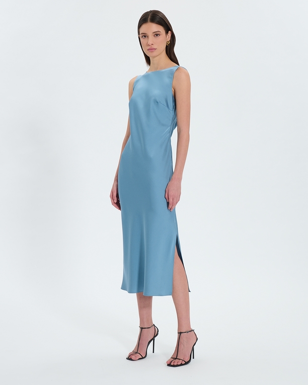 Ramari dress Hydrangea blue cowl back satin dress ZAPA