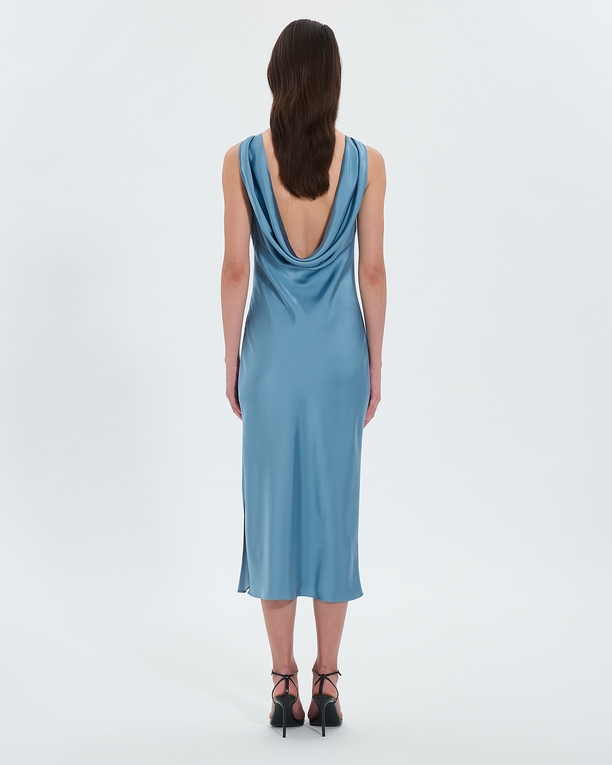 Ramari dress Hydrangea blue cowl back satin dress ZAPA