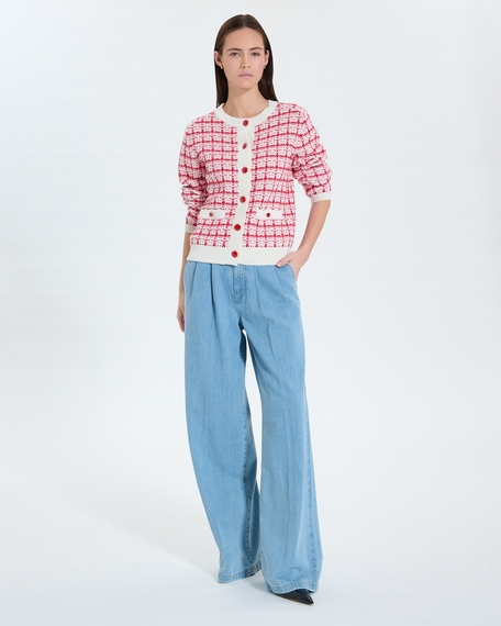 Gates cardigan ecru red two-tone tweed-style vest zapa