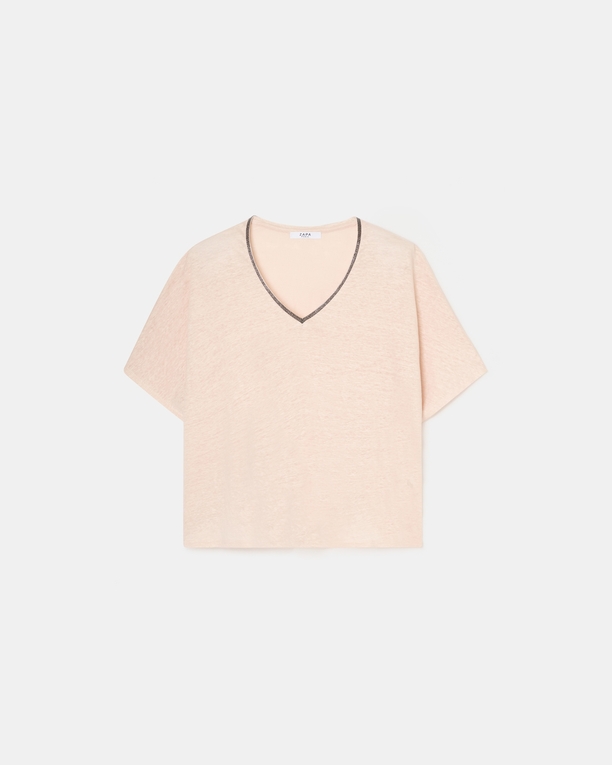 Top Timmy Nude linen V-neck T-shirt ZAPA