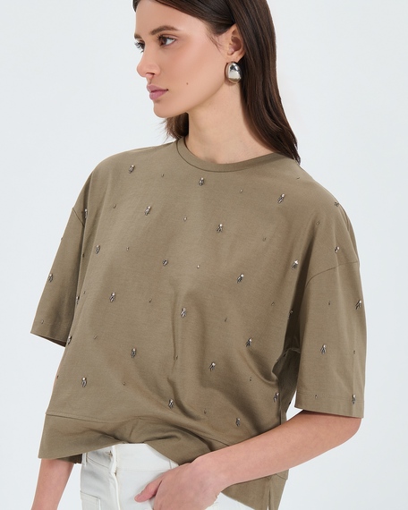 Top totora khaki embellished t-shirt zapa