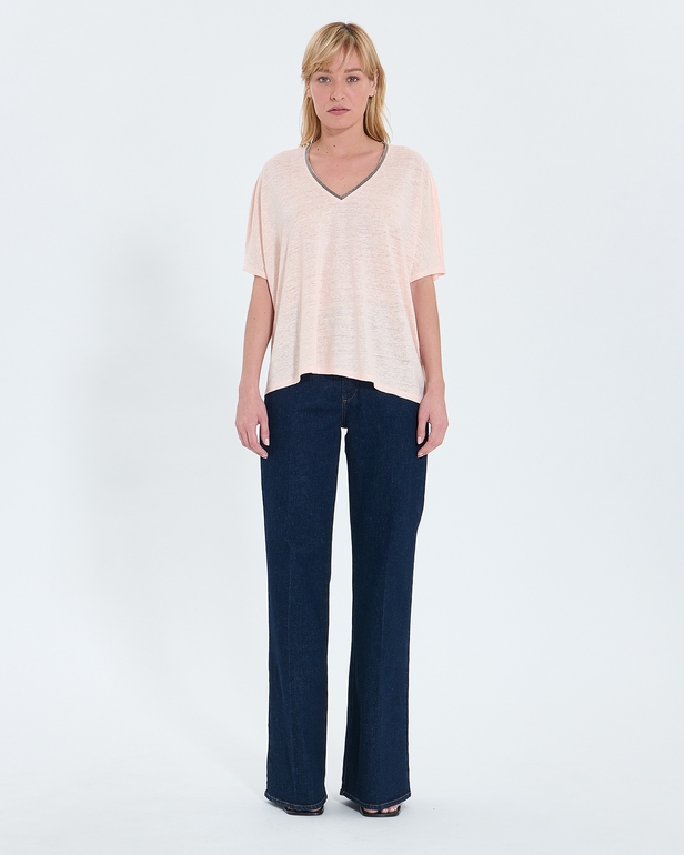 Top Timmy Nude linen V-neck T-shirt ZAPA