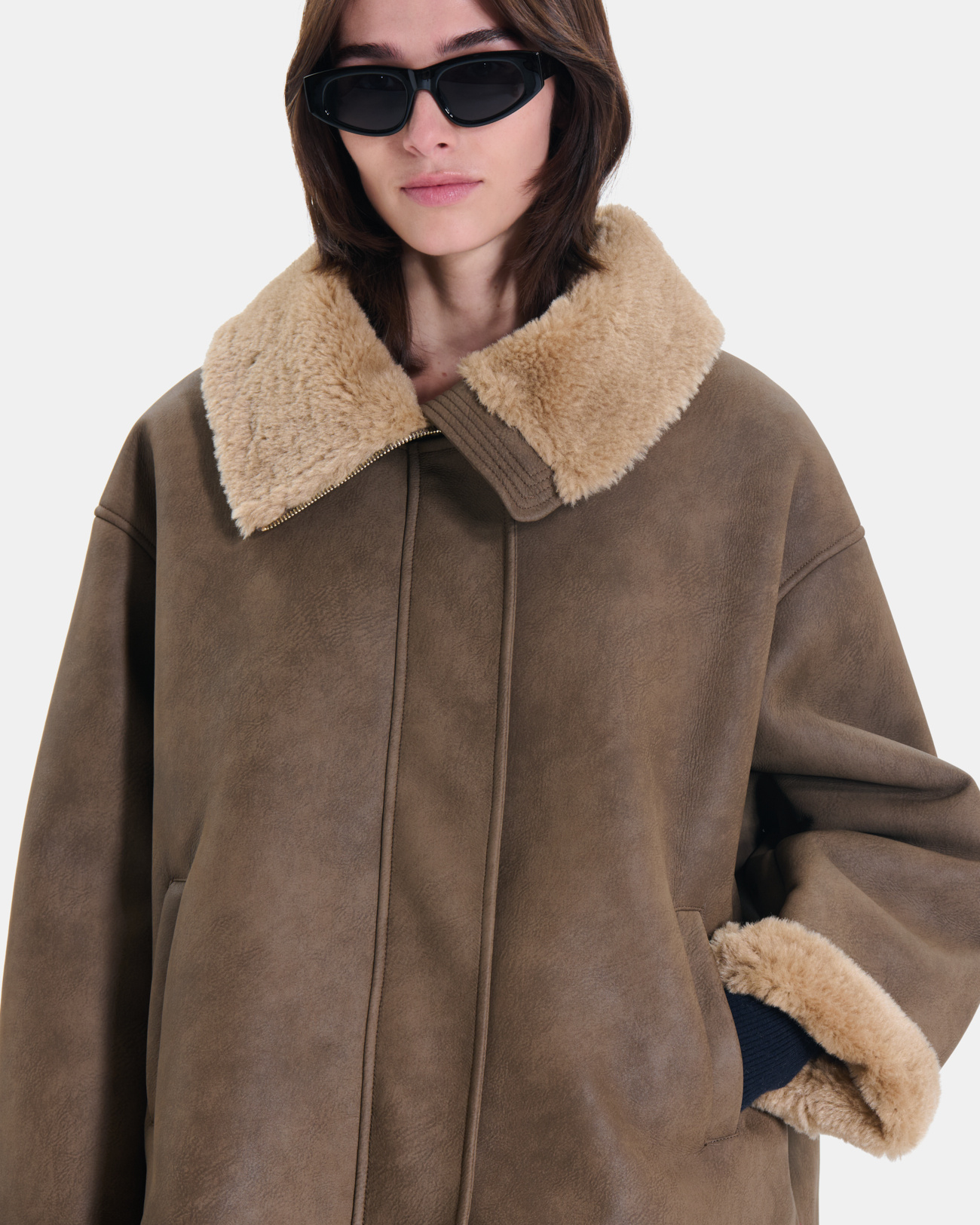 Brady Jacket Short khaki suede-effect jacket with shearling-style collar ZAPA