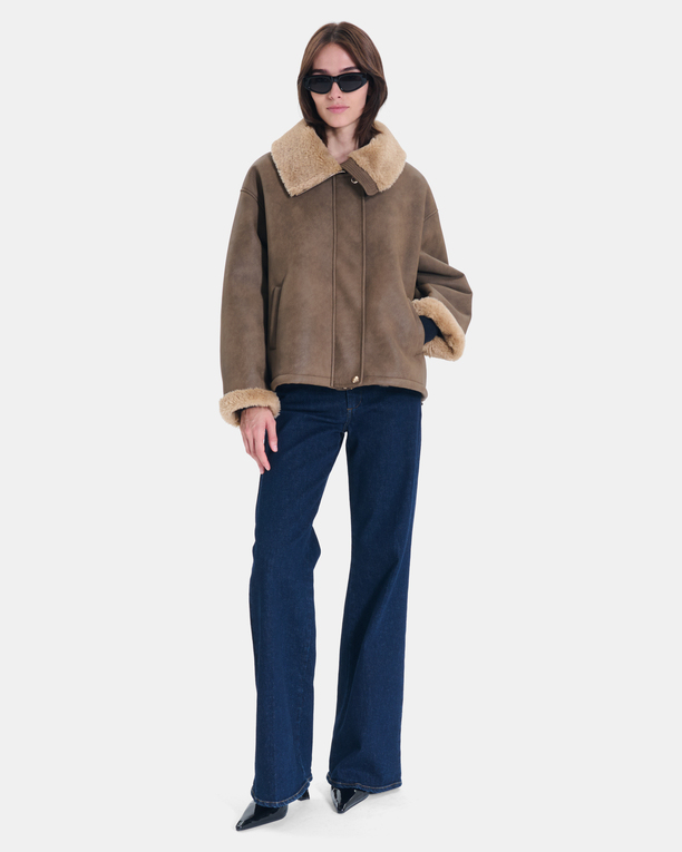 Brady Jacket Short khaki suede-effect jacket with shearling-style collar ZAPA