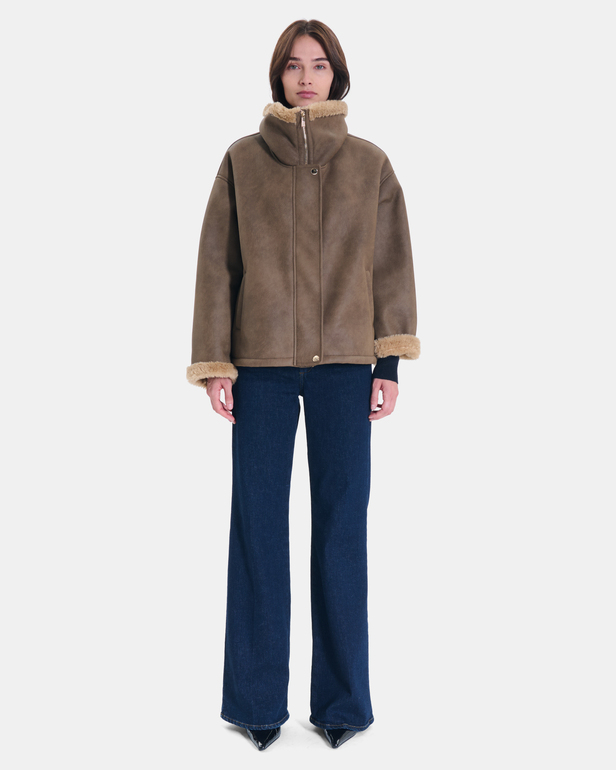 Brady Jacket Short khaki suede-effect jacket with shearling-style collar ZAPA