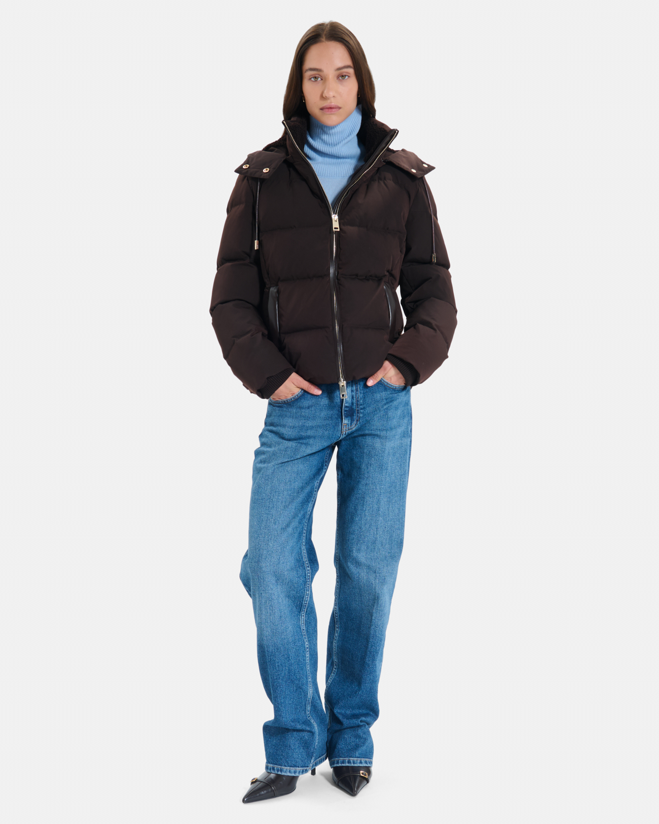 Daliane down jacket Short chocolate-colored puffer jacket with hood ZAPA