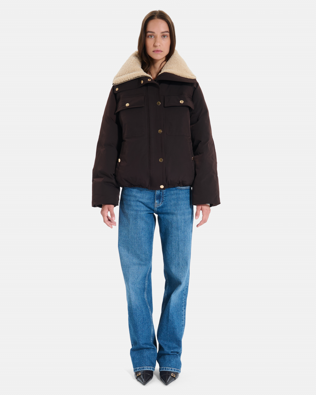 Blondie Puffer Jacket Short quilted chocolate-colored jacket with a stand-up collar ZAPA