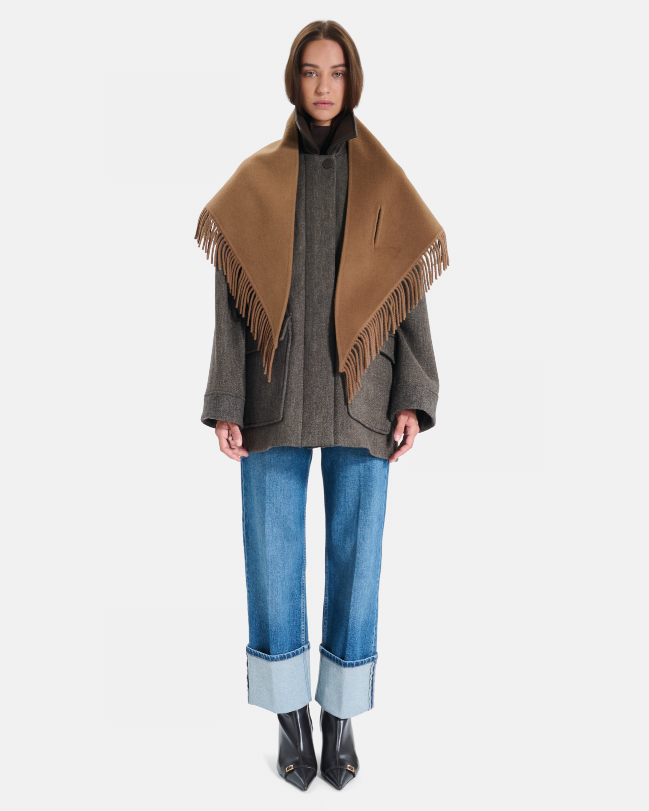 Eliot scarf Cinnamon wool poncho scarf with fringe ZAPA