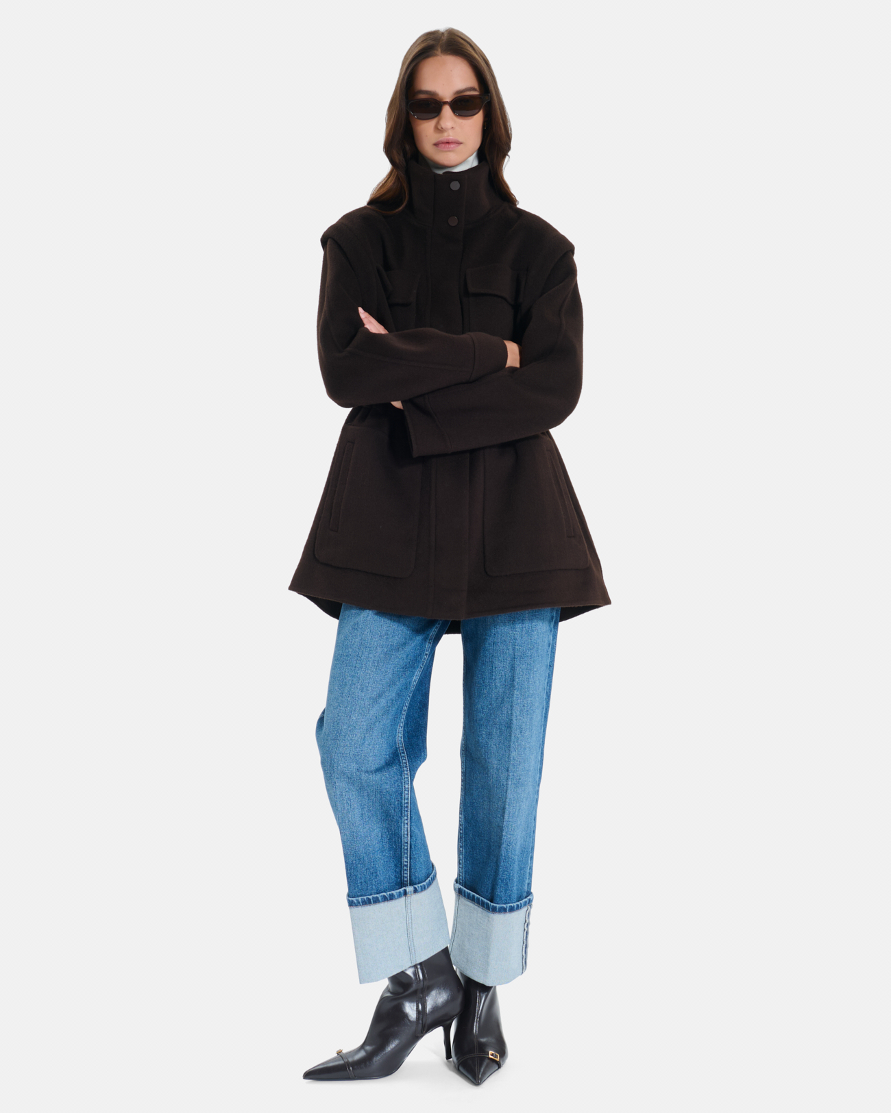 Malorie Coat Chocolate wool coat with removable sleeves ZAPA