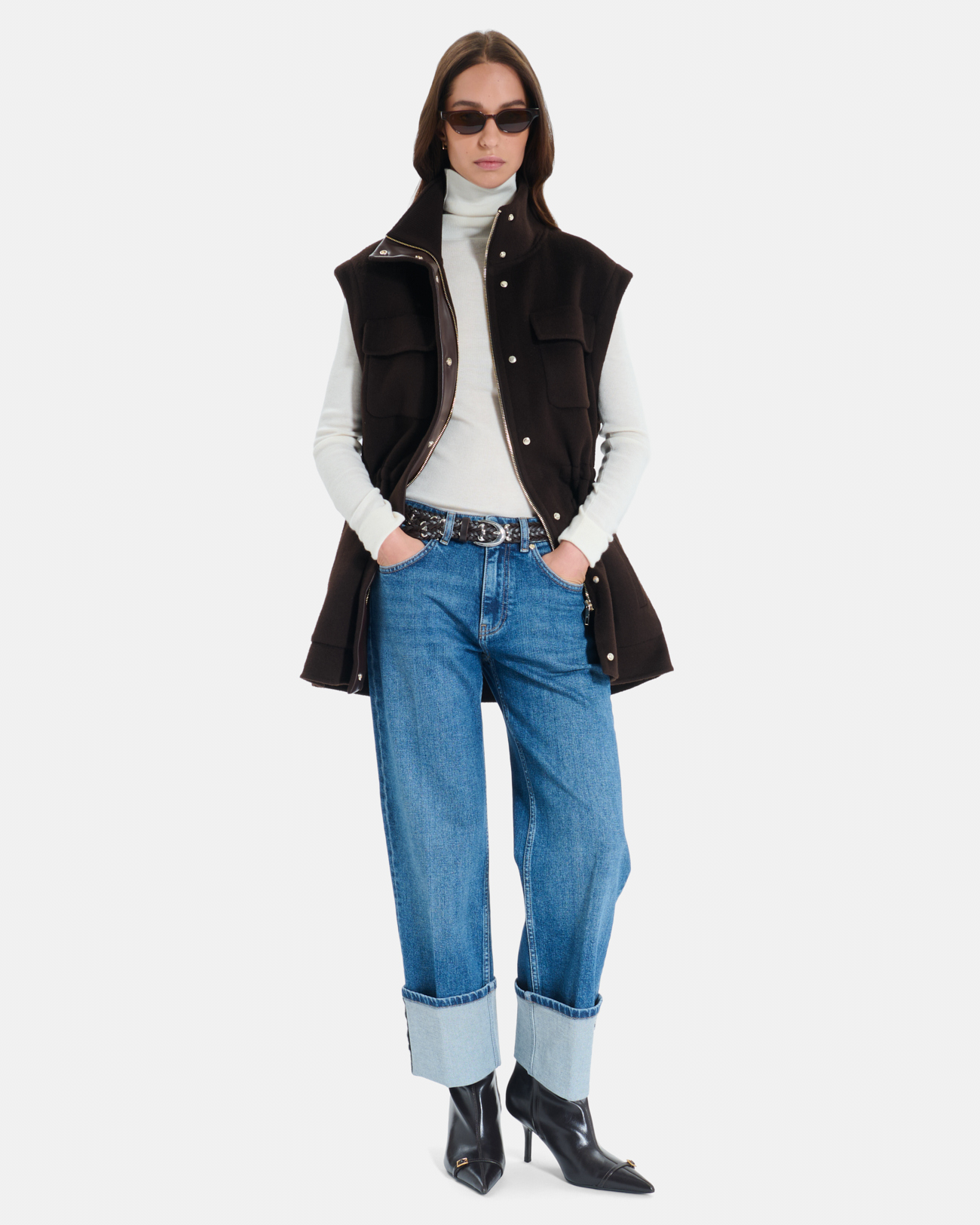 Malorie Coat Chocolate wool coat with removable sleeves ZAPA