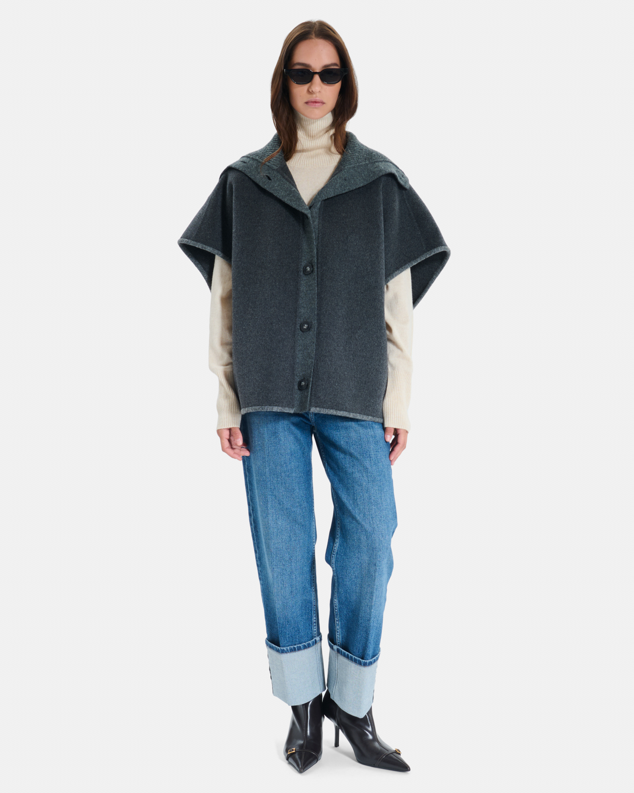 Claudia coat Heather grey wool cape with a shirt collar ZAPA