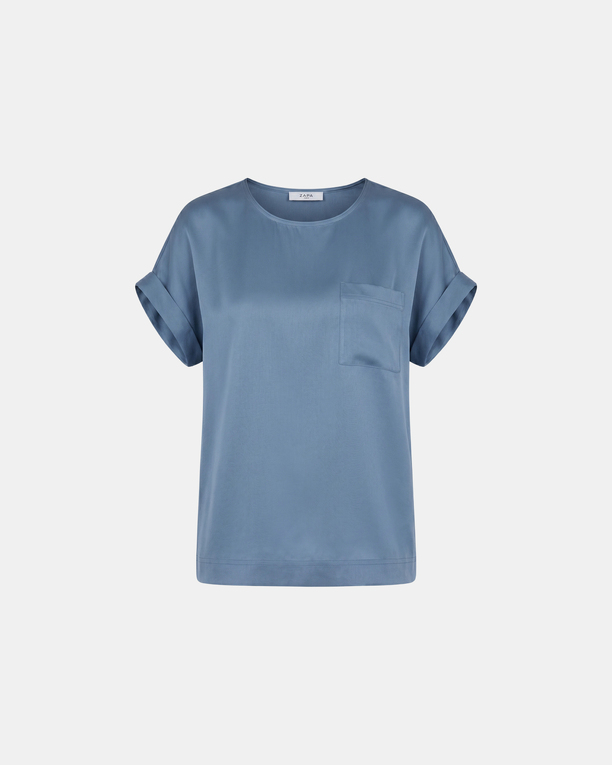 Theodore Top Denim blue short sleeve satin viscose top ZAPA