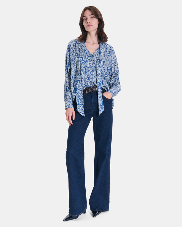 Cheryn shirt Flowing paisley-print tie-neck shirt in blue and beige ZAPA