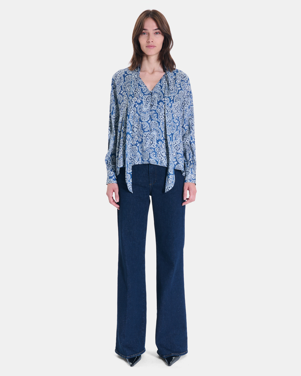 Cheryn shirt Flowing paisley-print tie-neck shirt in blue and beige ZAPA