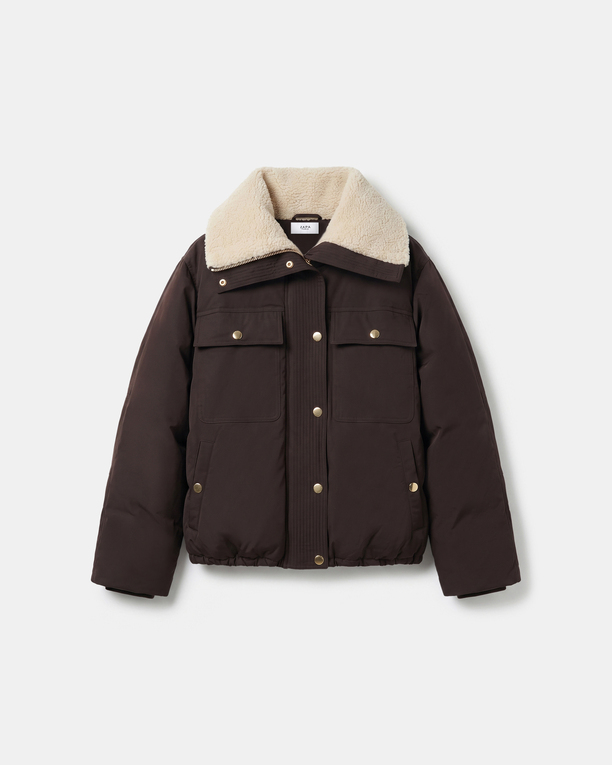 Blondie Puffer Jacket Short quilted chocolate-colored jacket with a stand-up collar ZAPA