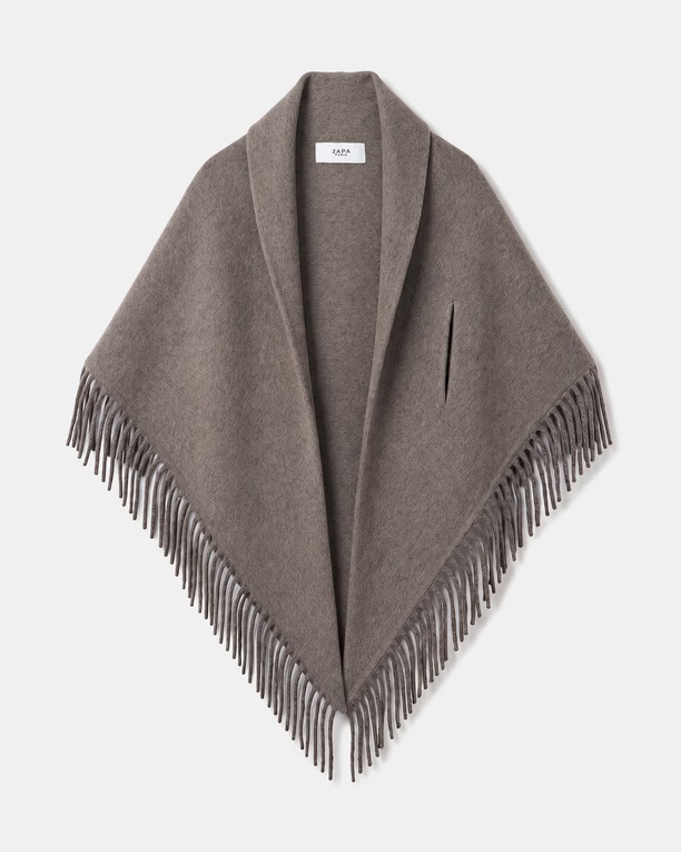 Eliot scarf Hazelnut wool poncho scarf with fringes ZAPA