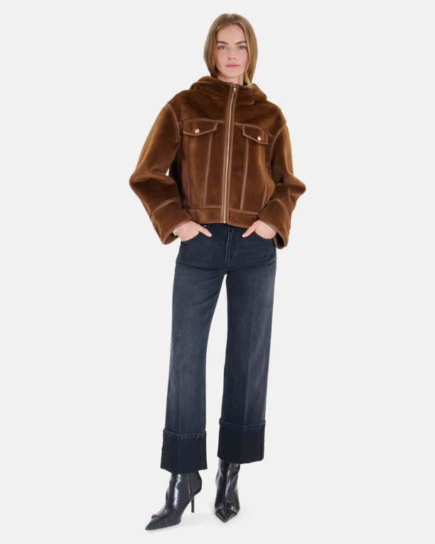 Moira Coat Short tobacco-colored boxy-cut coat with a stand-up collar ZAPA