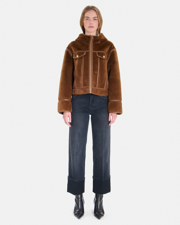 Moira Coat Short tobacco-colored boxy-cut coat with a stand-up collar ZAPA
