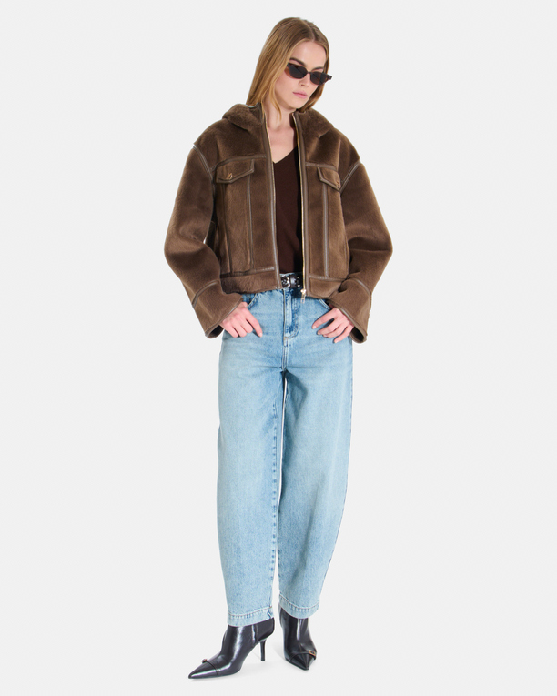 Moira Coat Short brown boxy-cut coat with a stand-up collar ZAPA