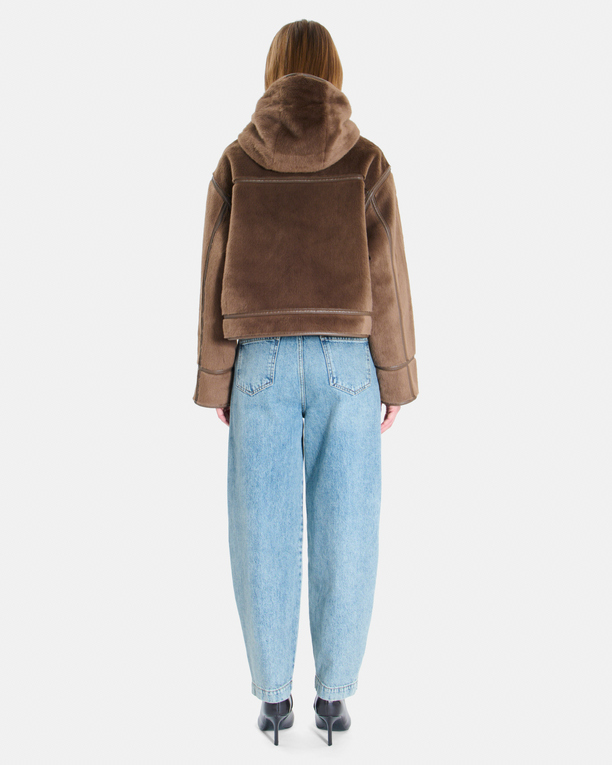 Moira Coat Short brown boxy-cut coat with a stand-up collar ZAPA