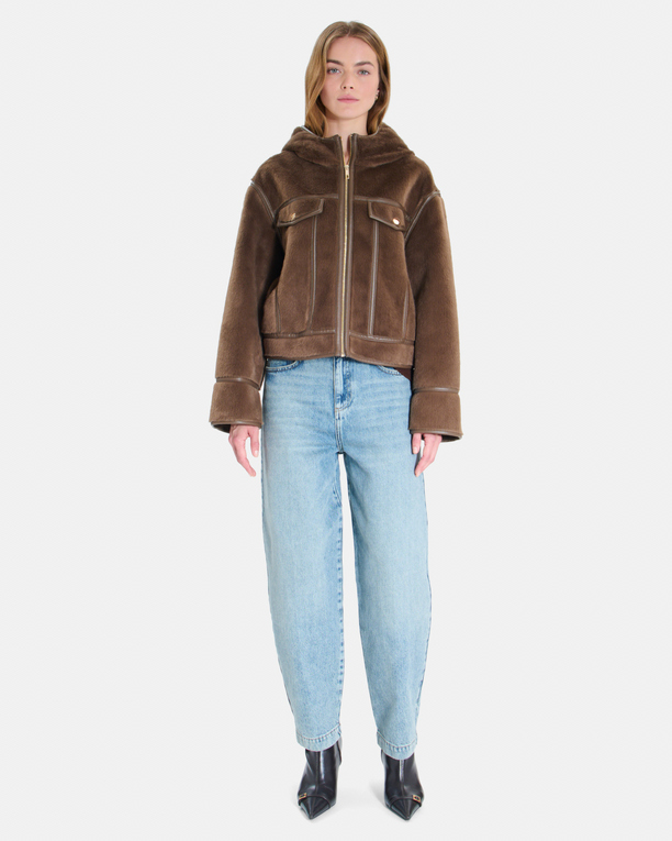 Moira Coat Short brown boxy-cut coat with a stand-up collar ZAPA