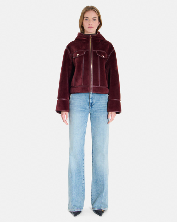 Moira Coat Short burgundy boxy-cut coat with a stand-up collar ZAPA