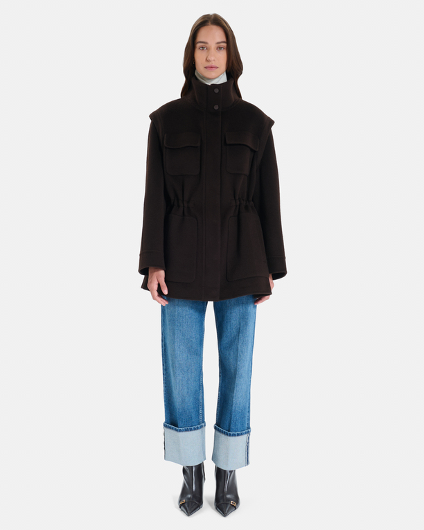 Malorie Coat Chocolate wool coat with removable sleeves ZAPA