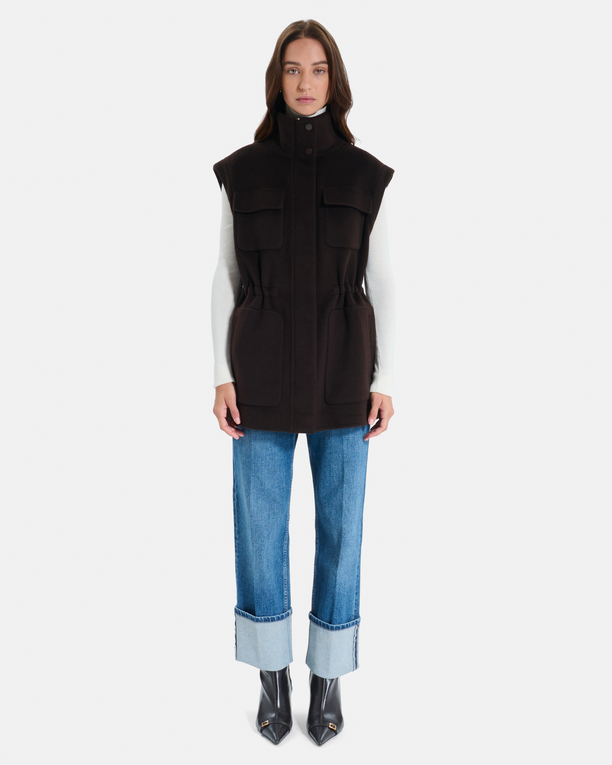 Malorie Coat Chocolate wool coat with removable sleeves ZAPA