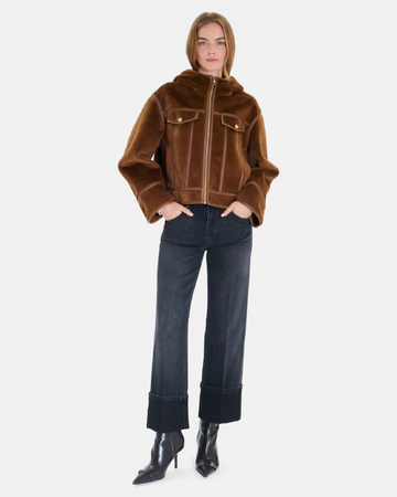 Moira Coat Short tobacco-colored boxy-cut coat with a stand-up collar ZAPA