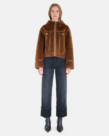 Moira Coat Short tobacco-colored boxy-cut coat with a stand-up collar ZAPA