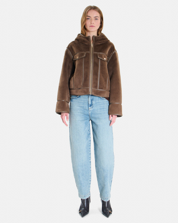 Moira Coat Short brown boxy-cut coat with a stand-up collar ZAPA
