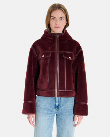 Moira Coat Short burgundy boxy-cut coat with a stand-up collar ZAPA