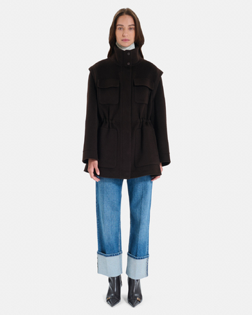 Malorie Coat Chocolate wool coat with removable sleeves ZAPA